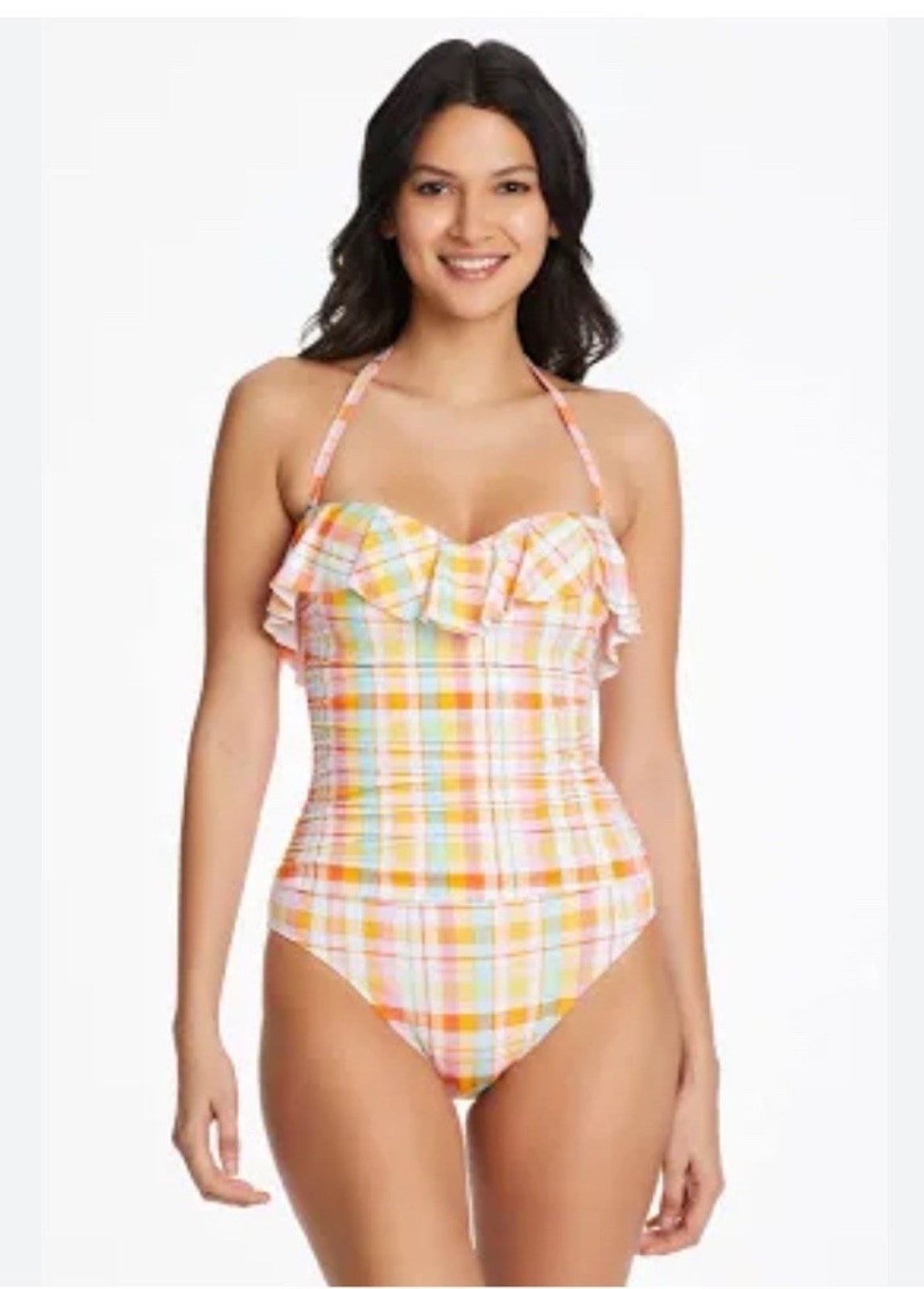 Bleu By Rod Beattie Multi Hip To Be Square Shirred One-Piece Sz 12 Orange Plaid